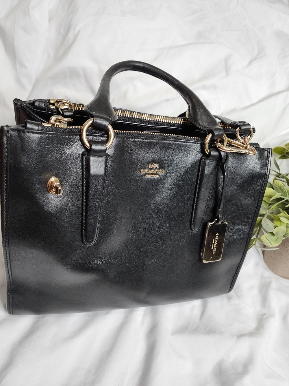 Coach Black Leather Brooke Carryall Satchel Shoulder Bag Gold Hardware